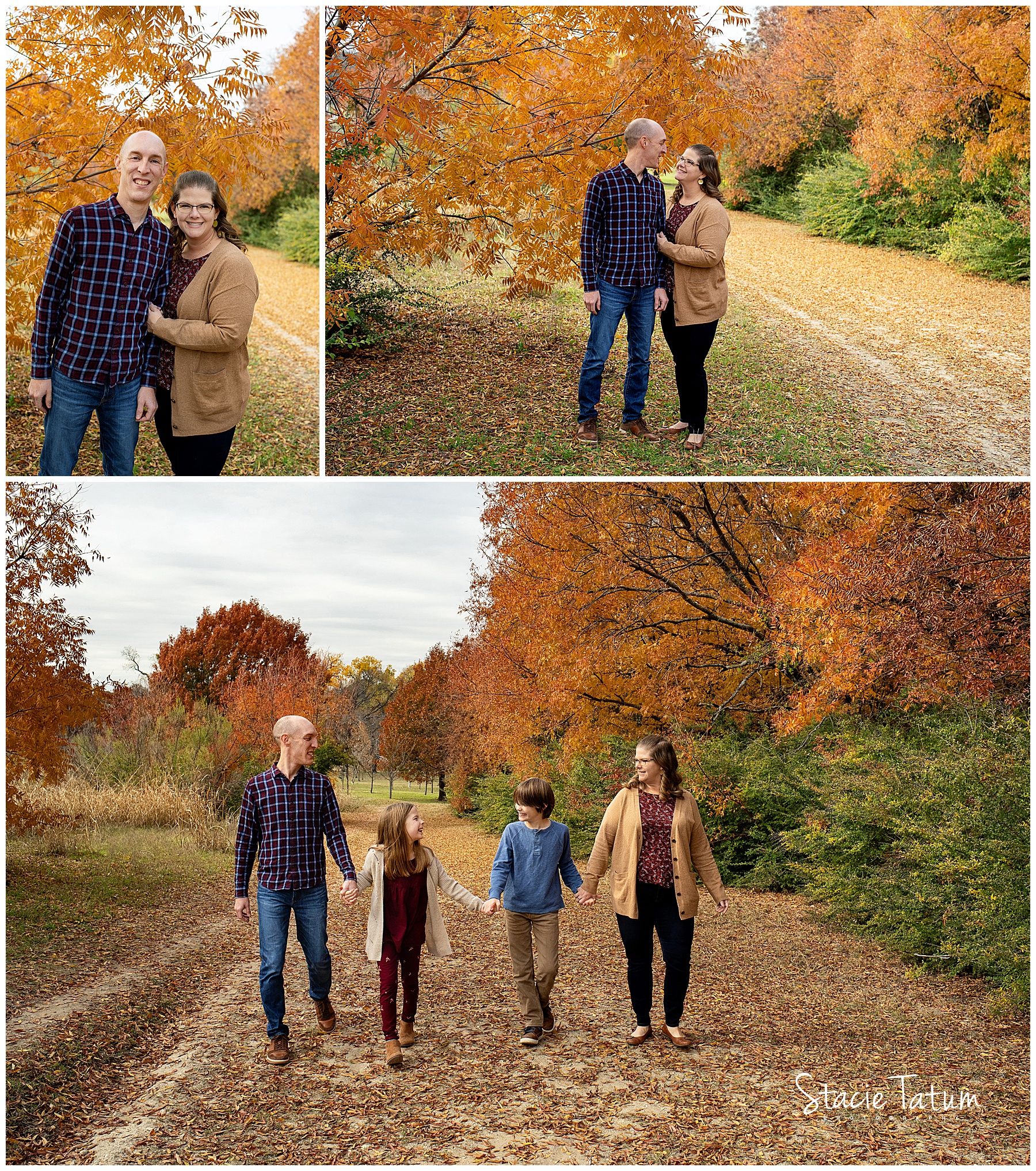 Dallas Family Fall Photos with Mom Dad and kids walking through trees and leaves.jpg